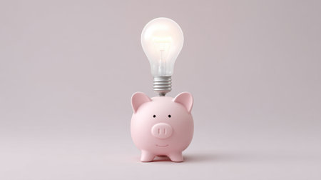 This unique image showcases a pink piggy bank topped with a light bulb, symbolizing the fusion of financial saving and innovative ideas, perfect for illustrating money management concepts.の素材