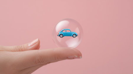 A hand supports a clear bubble showcasing a charming blue car against a soft pink backdrop, evoking themes of playfulness and creativity in a delightful scene.の素材