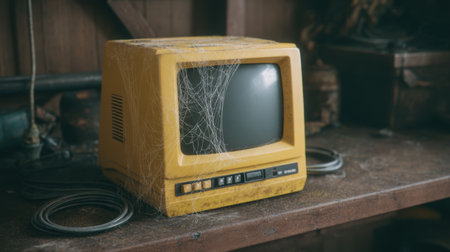 Discover a nostalgic scene featuring a vintage yellow computer monitor covered in dust and cobwebs, highlighting the beauty of forgotten technology in an abandoned setting.の素材