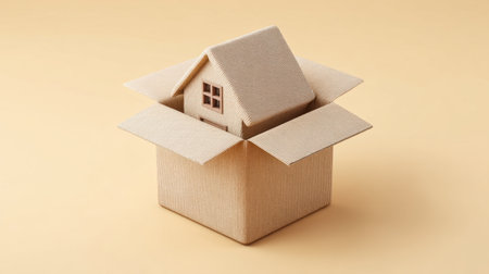 This image features a creative representation of a miniature house nestled inside an open cardboard box, set against a soft beige background, capturing themes of relocation and new beginnings.の素材