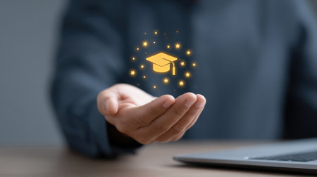 A close-up of a person hand presenting a glowing graduation cap icon surrounded by sparkles, symbolizing educational achievement and online learning in a contemporary environment.の素材