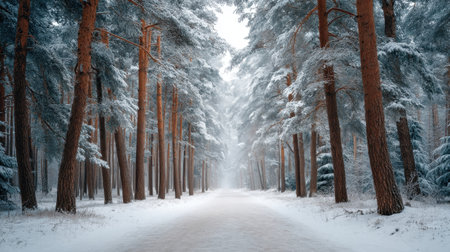 Experience the serene beauty of a snowy forest with tall pine trees lining a misty pathway. This tranquil winter landscape invites peaceful exploration and reflection.の素材