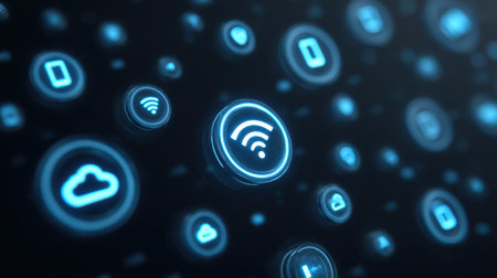 Explore a captivating digital scene with luminous blue icons symbolizing wireless communication and technology, creating a vibrant and modern aesthetic in a dark background.の素材