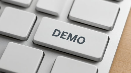 This image captures a close-up view of a keyboard's "DEMO" key, highlighting the intersection of technology and user interaction in contemporary digital environments.の素材