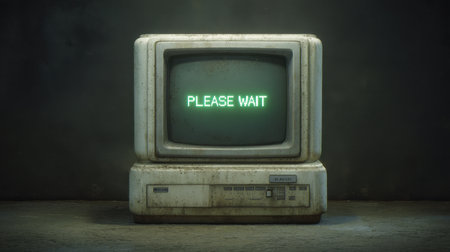 A vintage computer shows a green message stating "PLEASE WAIT" in a grunge-inspired environment, perfect for projects that evoke nostalgia or retro themes.の素材