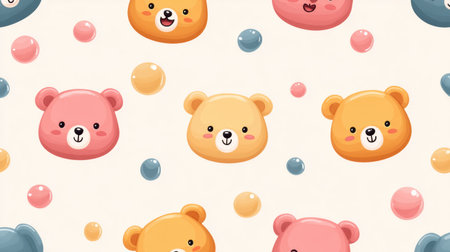 This charming illustration features cute cartoon bear faces alongside colorful bubbles on a soft cream background, perfect for children's products and playful designs.の素材