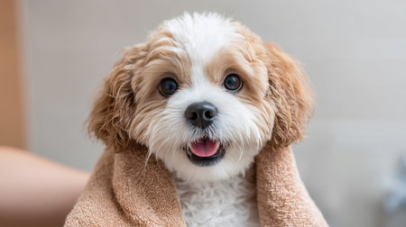 This cute puppy wrapped in a soft towel post-bath radiates joy and innocence. Its fluffy coat and happy expression create a heartwarming scene perfect for pet lovers.の素材