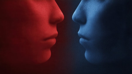 This artwork captures the essence of conflict and duality through two human faces in profile, one bathed in red and the other in blue, set against a textured backdrop.の素材