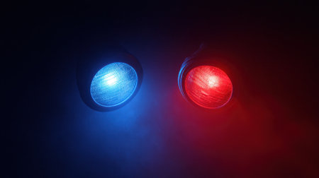 This striking image features bright blue and red emergency lights set against a dark background, surrounded by a smoky atmosphere, evoking urgency and alertness.の素材