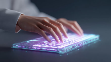 A pair of hands types on a futuristic transparent keyboard illuminated with neon lights, showcasing the intersection of technology and modern digital interaction.の素材
