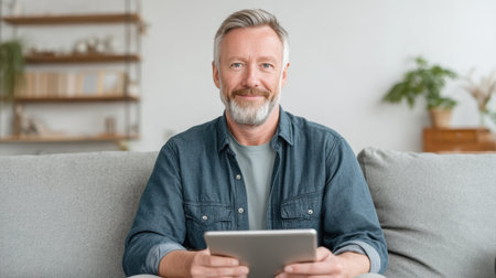 A cheerful middle-aged man sits comfortably on a sofa, smiling as he engages with his tablet in a beautifully lit living room, showcasing lifestyle and technology.の素材