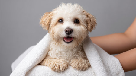 Adorable fluffy dog wrapped in a soft towel sits comfortably, radiating joy and warmth. This charming pet can brighten any space, perfect for animal lovers.の素材