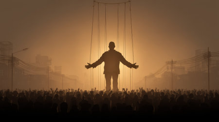 This striking image depicts a giant puppet master controlling a crowd, enhanced by a dramatic sunset backdrop, evoking themes of power, control, and humanity's collective experience.の素材