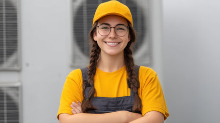 A confident young woman stands in front of air conditioning units, smiling and showcasing her pride in her role. She wears a bright orange shirt and cap, embodying positivity.の素材