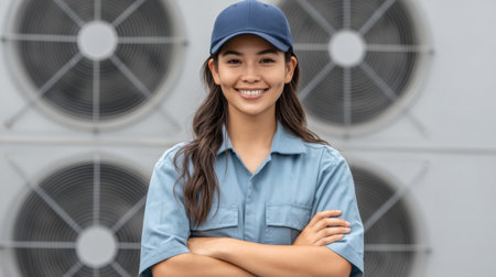 A confident female technician stands with arms crossed, smiling in front of air conditioning units, showcasing expertise in HVAC services in an industrial environment.の素材