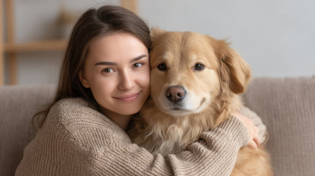 A warm and affectionate scene of a young woman hugging her golden retriever dog on a sofa, showcasing the bond of love between humans and pets in a cozy home environment.の素材