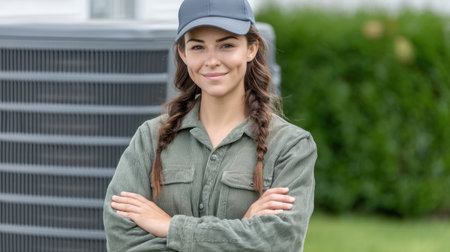 A confident young woman wearing a green jacket and cap stands with her arms crossed next to an air conditioning unit, reflecting her expertise in maintenance work.の素材
