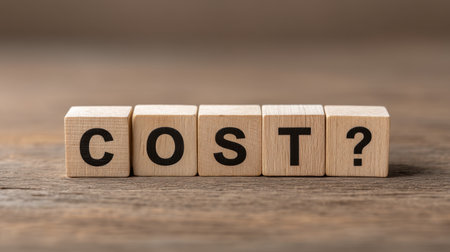 This image features wooden blocks arranged to spell the word "COST?" creating a visual prompt for financial discussions and considerations in various contexts.の素材