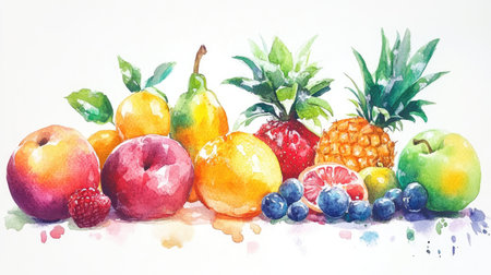 Colorful watercolor painting of various fruits on a white background.の素材