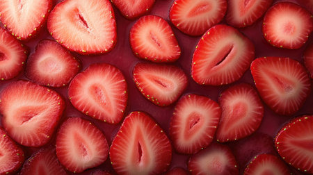Delicious strawberry halves covering the entire background with red huesの素材