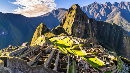 Breathtaking Machu Picchu ruins in Peru with a clear mountain backdrop.の素材