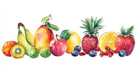 Fresh and juicy watercolor depiction of different fruits on whiteの素材