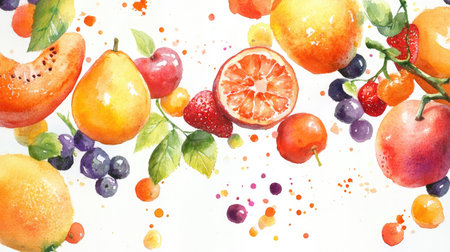 Bright and lively watercolor illustration of fruits on a clean white backdrop.の素材