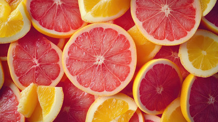 Juicy grapefruit pieces filling the frame with pink and yellow colorsの素材