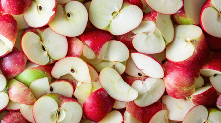 Crisp apple slices filling the entire frame with red and green shades.の素材