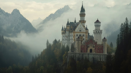 Majestic Neuschwanstein Castle in Germany with space for text.の素材