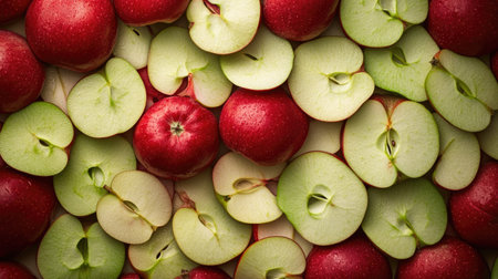 Crisp apple slices filling the entire frame with red and green shades.の素材