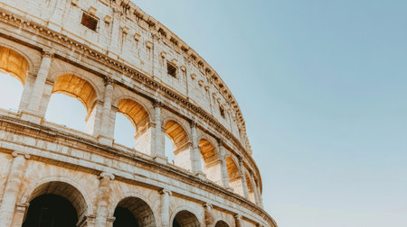 Colosseum in Rome with a bright blue sky, offering a text overlay area.の素材