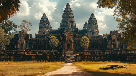 Majestic Angkor Wat temple in Cambodia with ample space for textの素材