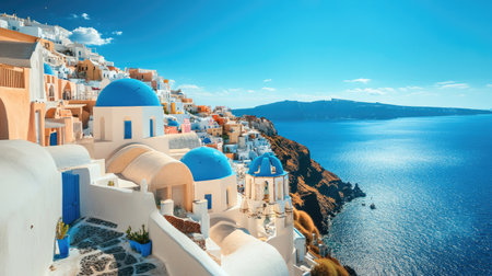 Picturesque Santorini with white buildings and blue domes, perfect for text.の素材