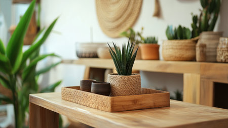 Simple wooden stand with natural decor, highlighting handcrafted items.の素材