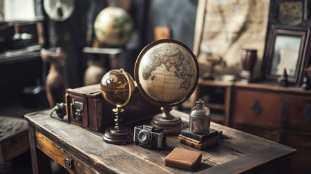 Vintage wooden stand with antique props, ideal for nostalgic itemsの素材