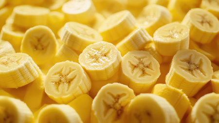 Ripe banana pieces filling the frame with a natural yellow color.の素材