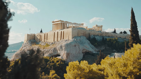 Picturesque view of the Acropolis in Athens with clear space for text.の素材