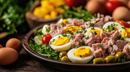 Beautifully arranged salad Nicoise with tuna, eggs, and olives.の素材