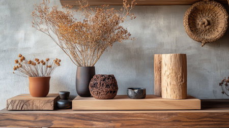 Simple wooden stand with natural decor, highlighting handcrafted items.の素材