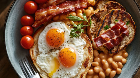 Classic English breakfast with eggs, bacon, sausages, and beans, beautifully presentedの素材