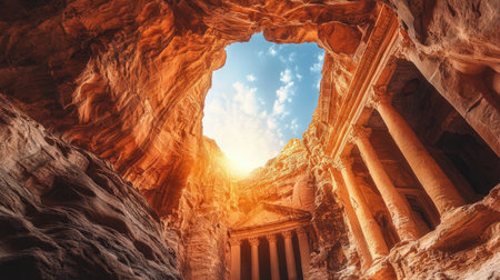 Stunning Petra rock-cut architecture in Jordan with bright, clear skies.の素材