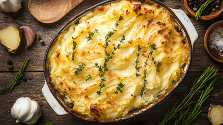 Classic British fish pie with a golden mashed potato crust and tender fish.の素材