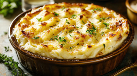 Classic British fish pie with a golden mashed potato crust and tender fish.の素材