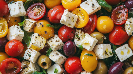 Colorful Mediterranean salad with olives, feta cheese, and cherry tomatoes, attractively arranged.の素材