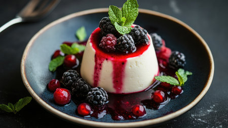 Elegant serving of panna cotta with a berry compote and fresh mint.の素材