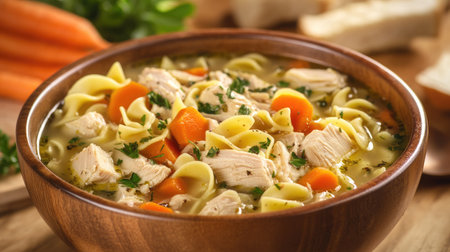 Hearty bowl of chicken noodle soup with tender chicken and fresh vegetables.の素材