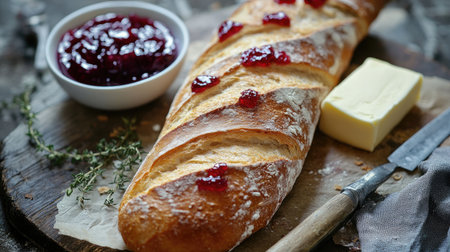 Freshly baked baguette with butter and jam, elegantly arranged for a French breakfast.の素材