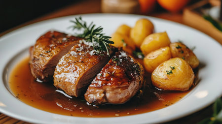Elegant serving of duck orange with a rich orange sauce and a side of roasted potatoes.の素材