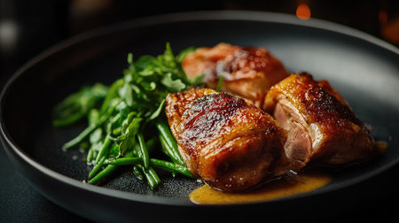 Elegant serving of duck confit with crispy skin and a side of green beans.の素材